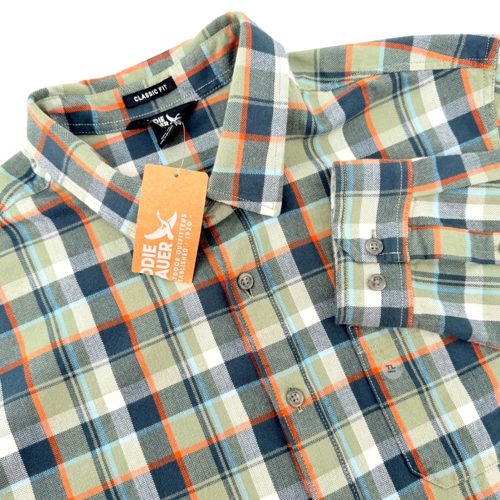 Eddie Bauer Flannel Shirt Mens LG Tall Green Plaid NWT Classic Fit Long Sleeve
